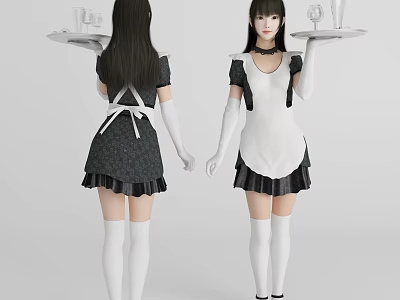 Woman in Classic Maid Outfit Holding Tray with Wine Glasses Front Back View 3d model
