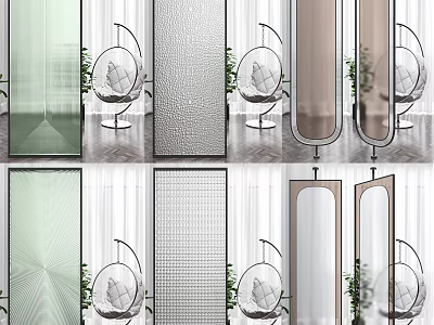 Colored Glass Room Dividers With Textured Patterns And Plants In Modern Interior 3d model