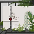 Garden Landscape Featuring Arched Tiled Wall Red Vase Lush Foliage And Decorative Stones