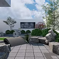 Courtyard Garden With Stone Patio Green Plants Round Table Rock Decorations And Water Feature