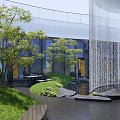 Modern Indoor Garden Landscape With Green Plants Water Feature And Seating Area