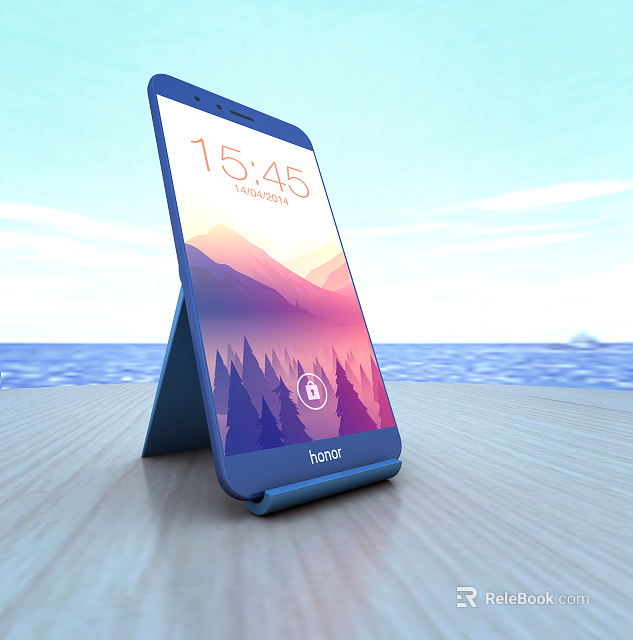 Honor Smartphone On Stand With Mountain Forest Wallpaper Wooden Table Sea View 3d model 