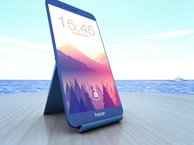Honor Smartphone On Stand With Mountain Forest Wallpaper Wooden Table Sea View 3d model