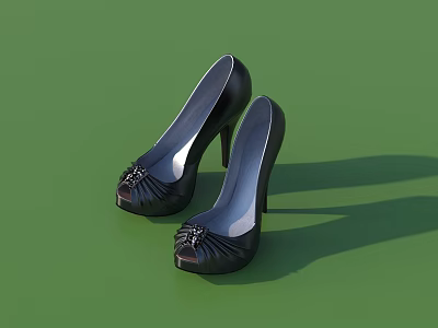 Shiny Black High Heels With Ornate Toe Detail And Stiletto Heel On Green Surface 3d model