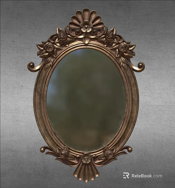 Ornate Oval Decorative Mirror With Carved Metal Frame And Grey Wall Background 3d model 