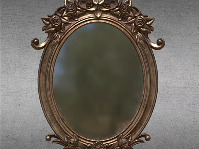 Ornate Oval Decorative Mirror With Carved Metal Frame And Grey Wall Background 3d model