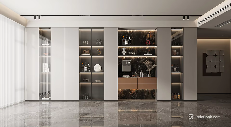 Modern Wine Cabinet Design With Glass Doors Lighted Interior Wine Bottles And Decorations 3d model 