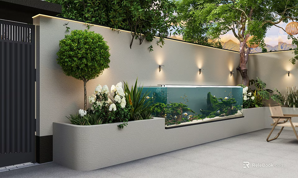 Outdoor Courtyard Aquarium With Greenery Plants And Lights 3d model 