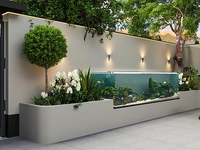 Outdoor Courtyard Aquarium With Greenery Plants And Lights 3d model