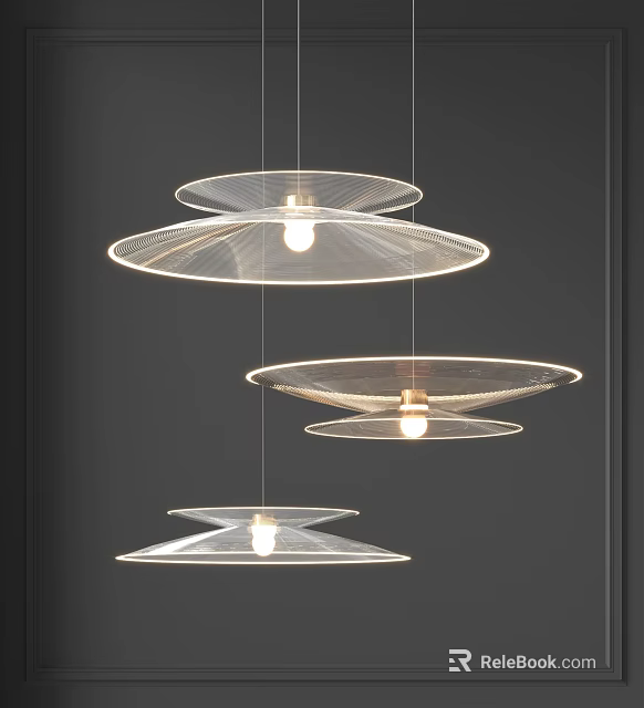 Modern Layered Chandeliers with Transparent Wireframe Structure Hanging in Dark Background 3d model