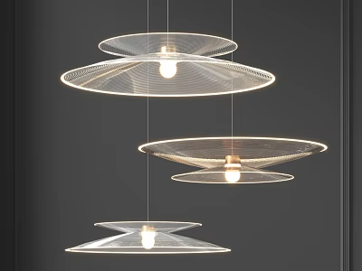 Modern Layered Chandeliers with Transparent Wireframe Structure Hanging in Dark Background 3d model