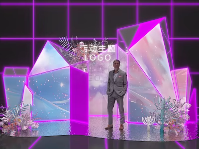 Modern Check in Photo Spot With Purple Lighting Geometric Backdrop And Floral Decor 3d model