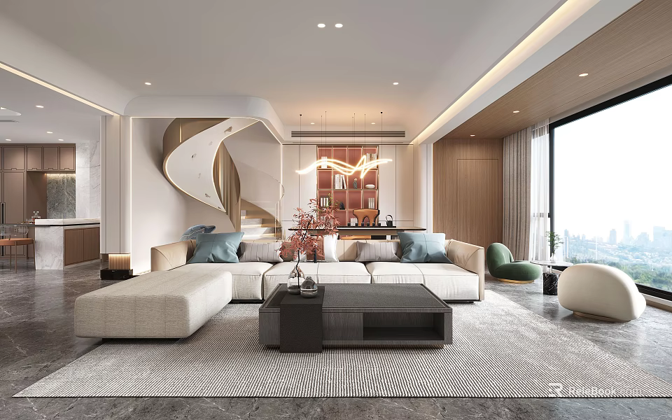 Modern Living and Dining Room Interior Design With Sofa Coffee Table Chandelier And Large Window 3d model 