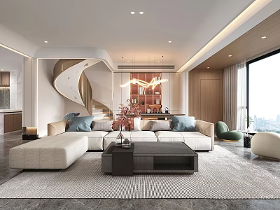 Modern Living and Dining Room Interior Design With Sofa Coffee Table Chandelier And Large Window 3d model