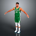 Man basketball player wearing green Bucks jersey with number 34 standing with arms outstretched