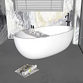 White Free standing Bathtub in Modern Bathroom with Marble Walls Mirror Window and Magazine