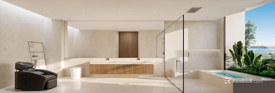Modern Bathroom Interior With Double Vanities Wooden Cabinets And Glass Shower 3d model 