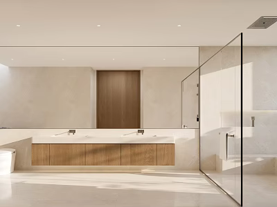 Modern Bathroom Interior With Double Vanities Wooden Cabinets And Glass Shower 3d model