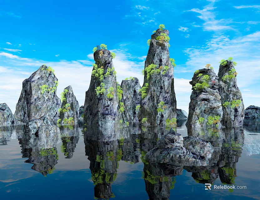 Scenic Rock Formations with Green Vegetation Under Blue Sky and Calm Water Reflections 3d model 