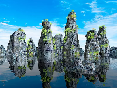 Scenic Rock Formations with Green Vegetation Under Blue Sky and Calm Water Reflections 3d model
