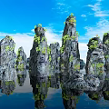 Scenic Rock Formations with Green Vegetation Under Blue Sky and Calm Water Reflections