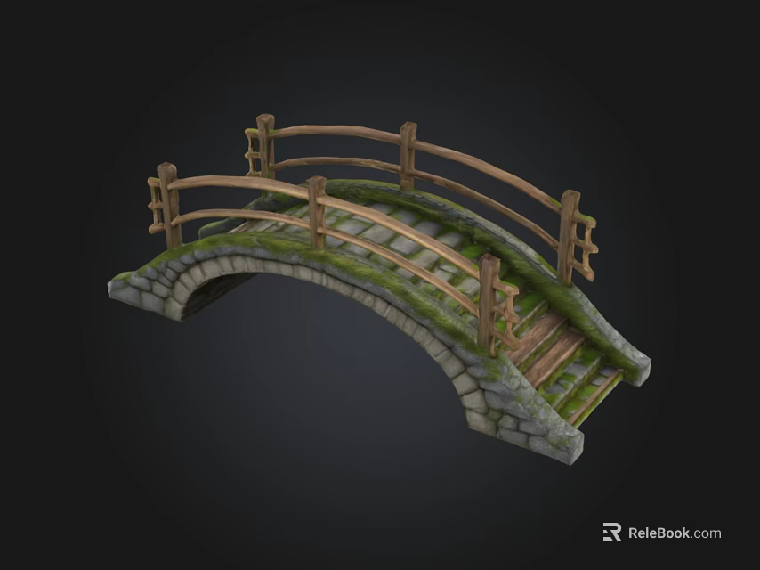 Arched Stone Bridge With Wooden Railings And Moss Covered Surface 3d model 