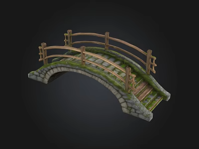 Arched Stone Bridge With Wooden Railings And Moss Covered Surface 3d model