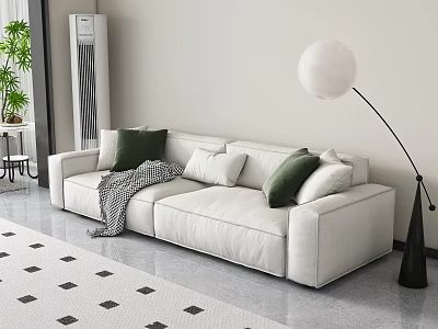 White Sectional Sofa with Green Cushions Gray Throw Blanket and Black Floor Lamp 3d model