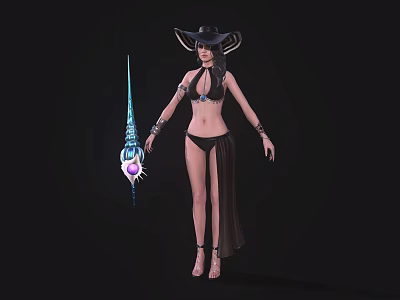 Game Movie Character With Wide Brimmed Hat Bikini Top Holding Glowing Spear With Purple Gem 3d model