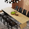 Modern Restaurant Interior With Long Dining Table Black Chairs Chandelier Orange Wall And Golden Pattern