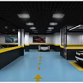 4S Car Dealership Showroom With White Sports Car On Yellow Blue Floor And Car Poster
