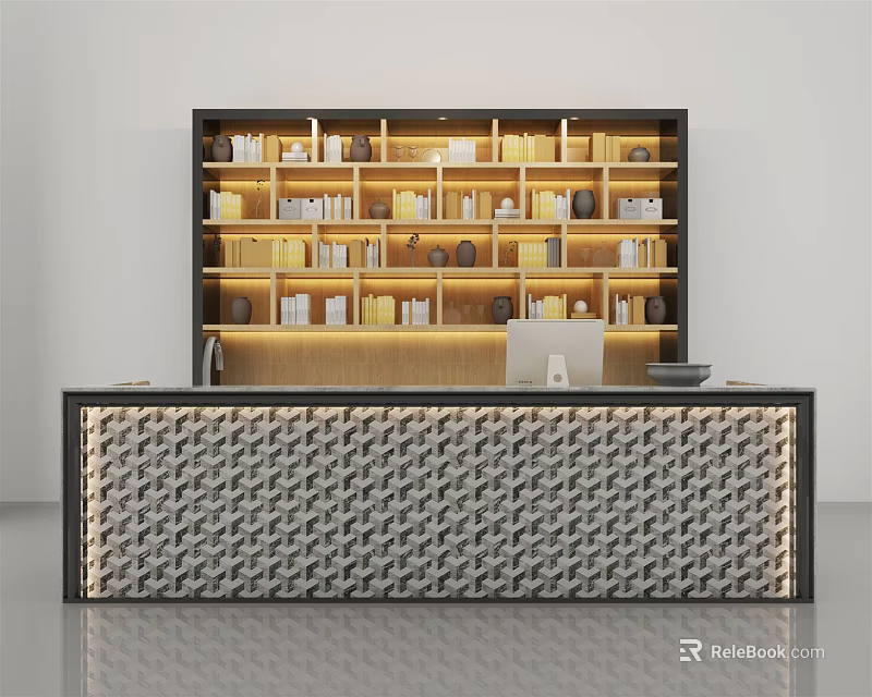 Modern Bar Counter Interior Design With Bookshelf Background Computer And Geometric Patterned Surface 3d model