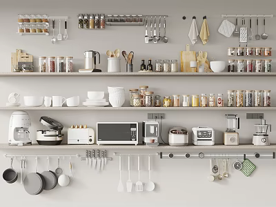 Organized Kitchen Shelves With Essential Kitchen Appliances Coffee Maker Microwave Blender And Cooking Tools 3d model