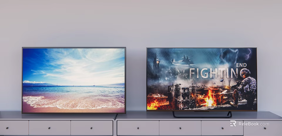 Two Televisions Side by Side Displaying Scenic Beach And Action Game Scenes On White Cabinets 3d model 
