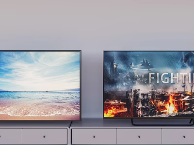 Two Televisions Side by Side Displaying Scenic Beach And Action Game Scenes On White Cabinets 3d model
