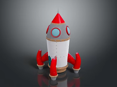 Red And White Space Rocket Model With Red Thrusters And Blue Circular Windows 3d model