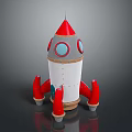 Red And White Space Rocket Model With Red Thrusters And Blue Circular Windows