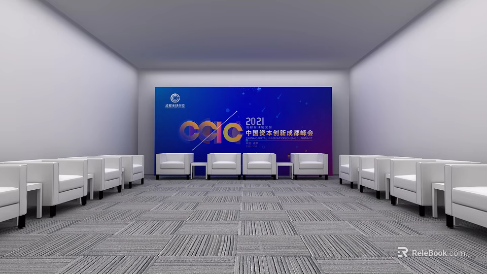 Hotel Public Lounge Area Featuring Blue Screen CASC 2021 Conference Signage White Chairs Gray Carpet 3d model 