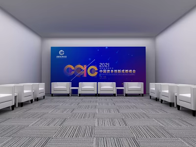 Hotel Public Lounge Area Featuring Blue Screen CASC 2021 Conference Signage White Chairs Gray Carpet 3d model