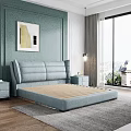 Light Blue Modern Double Bed with Upholstered Headboard Slat Frame Nightstands Artwork and Scenic Window