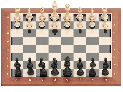 Chess Board Game With Wooden Frame Black White Squares And Chess Pieces 3d model
