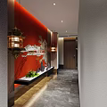 Elegant Hotel Corridor With Red Accent Wall Lantern Lighting Gray Tiled Floor Green Plants And Bench