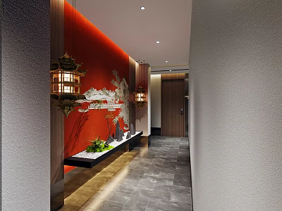 Elegant Hotel Corridor With Red Accent Wall Lantern Lighting Gray Tiled Floor Green Plants And Bench 3d model