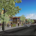 Vibrant Modern Commercial Street With Pedestrians Bicycles Cars And Storefront Signs