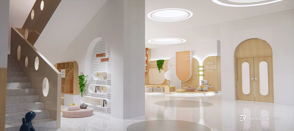 Bright Kindergarten Interior With Bookshelves Green Plants And Soft Kids Learning Spaces 3d model 