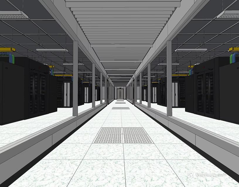 Data Center Elevator Aisle With Server Racks White Flooring And Ceiling Lighting 3d model