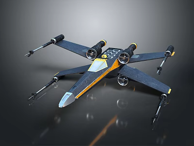 Detailed Black And Yellow Sci Fi Fighter Model With Twin Engines And Wing Design 3d model