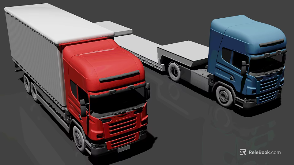 Red and Blue Commercial Trucks with Flatbed Trailers 3D Rendering 3d model 