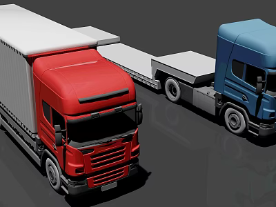 Red and Blue Commercial Trucks with Flatbed Trailers 3D Rendering 3d model