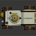 3D Rendered Steampunk Vehicle With Yellow Top White Body Brown Wheels Gold Accents Blue Light